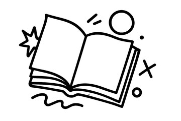 Simple open book icon surrounded by abstract geometric shapes symbolizing knowledge