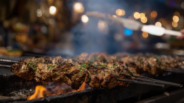 Rows of lamb kebabs cooking on skewers, close-up of sizzling texture, smoke and sparks filling the air, Xi&rsquo;an Muslim Quarter street market alive with lights