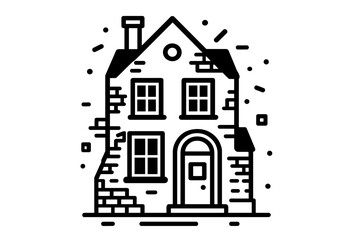 Distressed facade of an old residential building with a chimney and multiple windows