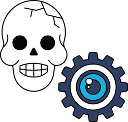 A skull is drawn with a gear in the background