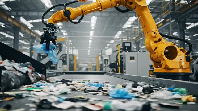 Robotic arm sorting waste on conveyor belt in modern recycling plant for eco-friendly operation