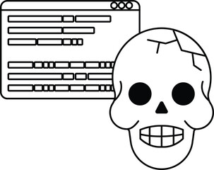 A skull is drawn next to a computer screen with a black and white background