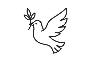 Minimalist black outline drawing of a flying peace dove with olive branch