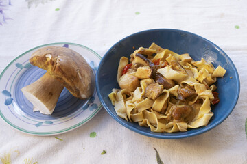 
handmade pappardelle with porcini mushrooms and fresh mushroom on side