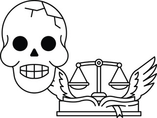 A skull is on a scale with wings