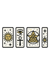 Mystical tarot card set featuring ancient symbols: Sun, Ankh, Eye of Horus, and All-Seeing Eye