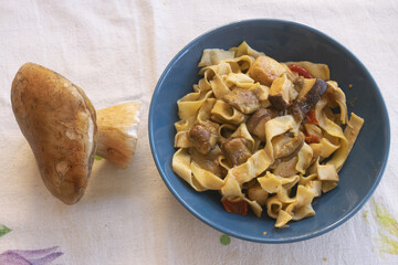
handmade egg pappardelle pasta in blue bowl with fresh porcini mushroom