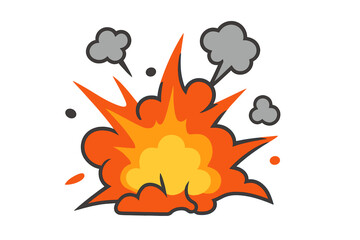 Comic book style fiery explosion blast with smoke clouds and debris on white background