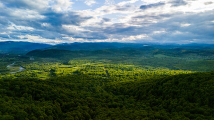 Vast forest valley and mountain ridges under dramatic cloudy sky, illuminated by soft sunlight, representing nature’s power, depth, and timeless wilderness beauty