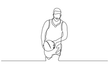 Man playing basketball in one continuous line art style, minimalist vector illustration on transparent background