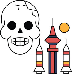 A skull is drawn with a smile on its face and is surrounded by three rockets