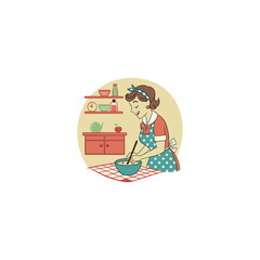 Happy woman preparing homemade meal at home, cozy kitchen scene in flat vector illustration style on clean background 