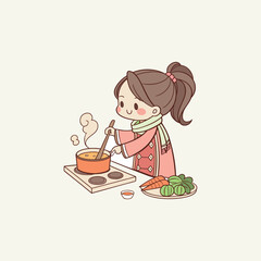 Happy woman preparing homemade meal at home, cozy kitchen scene in flat vector illustration style on clean background 