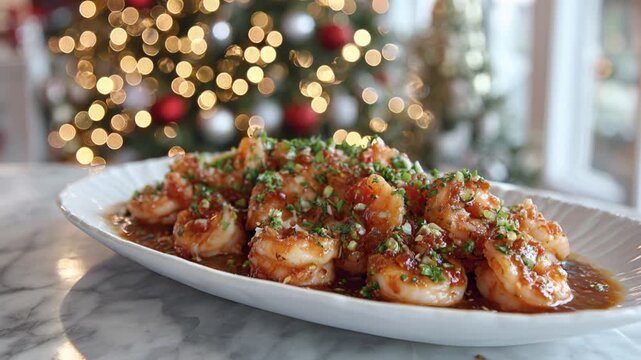 Spicy Shrimps Appetizer with Christmas Tree Bokeh Background