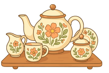 Retro floral patterned ceramic tea set displayed on a rustic wooden shelf