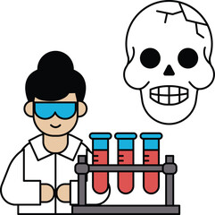 A man in a lab coat is holding a skull and a skull with teeth