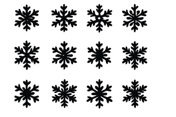Twelve unique black snowflake silhouettes set for winter holiday decoration