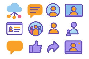 Modern Digital Interaction. Online Virtual Communities flat icons: cloud network, message thread, profile badge, video call, post feed, group circle, follower icon, chat bubble,