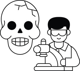 A man is holding a skull in front of a microscope