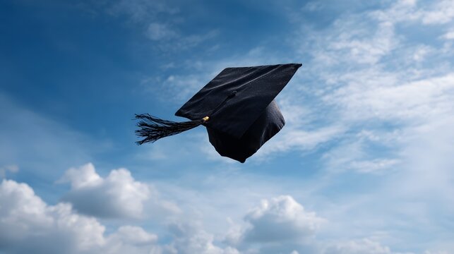 A black graduation cap is tossed into a bright blue sky with fluffy white clouds symbolizing academic achievement and celeb n