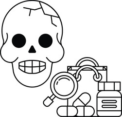 A skull is drawn with a magnifying glass next to it