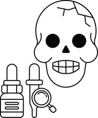 A skull with a bottle of medicine next to it