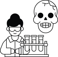 A man in a lab coat is holding a skull and a skull with teeth