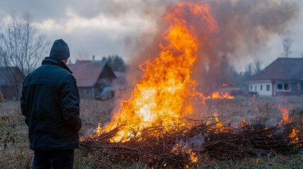 Obraz premium Burning dry branches in rural garden area Generative AI