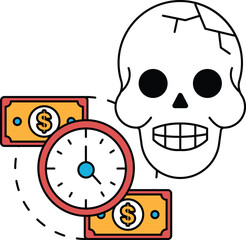 A skull with a clock and money on it