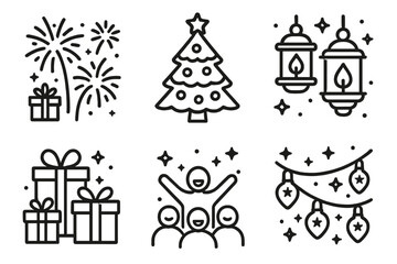 Festive Celebration Icons. Festive Spirit outline set: fireworks, decorated tree, wrapped gifts, glowing lanterns, joyful crowd, sparkling lights.,