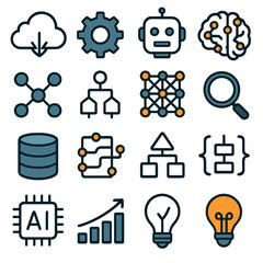 AI and Data Icons. Cloud computing, gear, robot, brain, data nodes, algorithm, neural network, magnifying glass, database, circuit board, decision