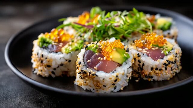 Vibrant sushi rolls on black plate, crab, tuna, and avocado ingredients, masago caviar sprinkled on top, dark background, traditional Japanese culinary style
