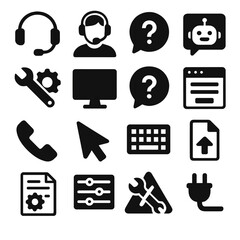 Tech Support Icons. Technical Assistance Tools icons in silhouette. Headset, support agent, help icon, chatbot window, wrench and gear, computer