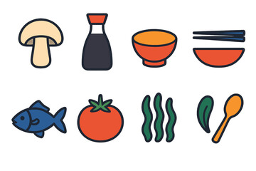 Umami Icons Collection. Umami flat icons: mushroom, soy sauce bottle, bowl, chopsticks, fish, tomato, seaweed, spoon.