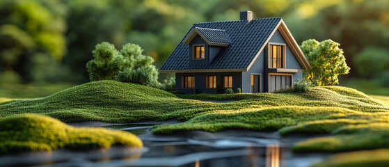 Idyllic house by the river on a green hill, harmony with nature and cosy accommodation - for articles on real estate, eco-friendly lifestyle, interior design.