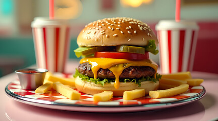 Detailed macro of juicy cheeseburger, chrome dish, crispy fries, and diner soda in warm tones.
