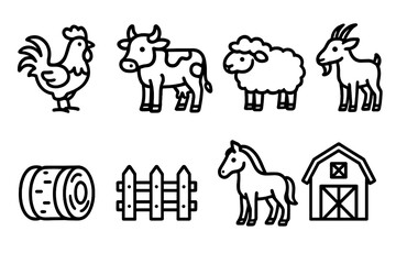 Barnyard Animal Icons. Barnyard Animals Set outline set: rooster, cow, sheep, goat, horse, hay bale, fence, barn.,