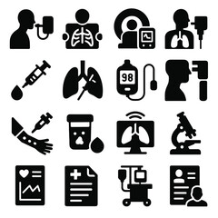 Lung Diagnostics Icons. Lung diagnostics and testing icons in silhouette. Spirometry test, chest X-ray, CT scan, pulmonary function test, blood gas