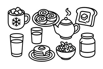 Cozy Breakfast Icons. Christmas Morning Cozy Breakfast outline set: hot cocoa mug with marshmallows, cinnamon rolls on plate, orange juice glass, pancakes with syrup, teapot with