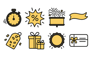 Festive E-Commerce Icons. New Year E-Commerce Promotions linear set: countdown sale timer, sparkling discount icon, fireworks background ad, “new deals” banner, gold confetti tag,