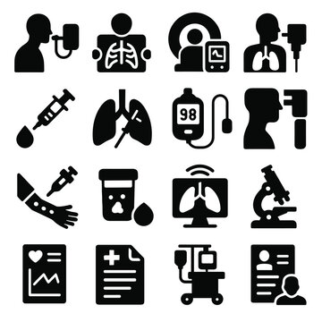 Lung Diagnostics Icons. Lung diagnostics and testing icons in silhouette. Spirometry test, chest X-ray, CT scan, pulmonary function test, blood gas