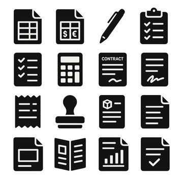 Purchase Order Icons. Purchase order documents and tools icons in silhouette. Purchase order form, invoice, pen, clipboard, checklist, calculator