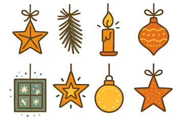 Minimalistic Festive Decor. Festive Hanging Stars — rustic line art flat icons: wooden star, twine cord, pine sprig, candle flame, fabric ornament, frosted window, glowing light,