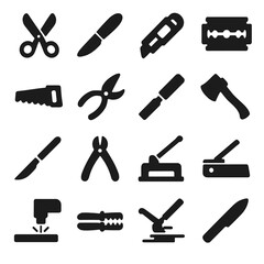 Cutting Tools Icons. Cutting tools and instruments icons in silhouette. Scissors, knife, box cutter, razor blade, saw, pruning shears, chisel, axe