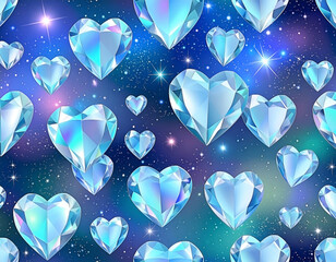 Brilliant diamond heart gems floating in a star studded cosmos background