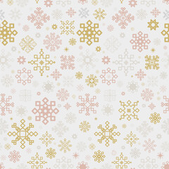Elegant Winter Snowflakes seamless pattern Background on Light Surface in Scandinavian style for holiday packaging, winter branding, textile prints, wrapping paper, and digital graphics. Vector