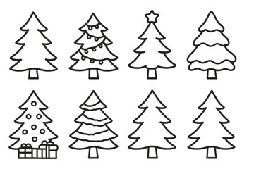 Christmas Tree Icons. Classic Christmas Tree Styles outline set: traditional pine tree, decorated tree with lights, tree with star topper, snow-covered tree, tree with red