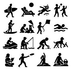 Beach Activity Icons. Beach Activities icons in silhouette. Surfing, sunbathing, snorkeling, beach volleyball, paddleboarding, building sandcastles