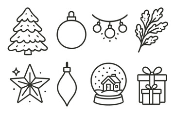 Minimalist Christmas Icons. Christmas Tree Display outline set: snowy tree, silver baubles, blue lights, frosted branches, glitter star, crystal ornaments, snow globe base, winter