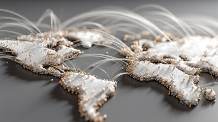 Worldwide communication infrastructure: Networked individuals at key locations on extruded geographic landmasses with web of linking lines
